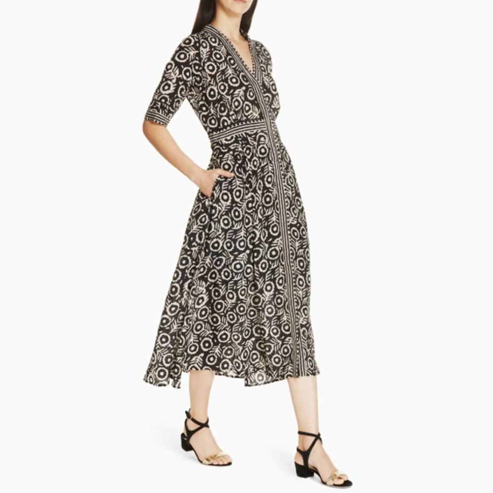 Sea New York Emi Border Print Midi Dress Short Sleeve V-Neck Button Front Sz 4